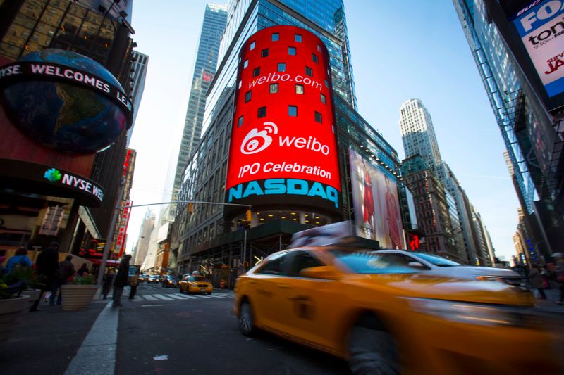 &copy; Reuters. FILE PHOTO: The Weibo logo is seen at the NASDAQ MarketSite in Times Square in celebration of its initial public offering (IPO) on The NASDAQ Stock Market in New York April 17, 2014. REUTERS/Andrew Kelly