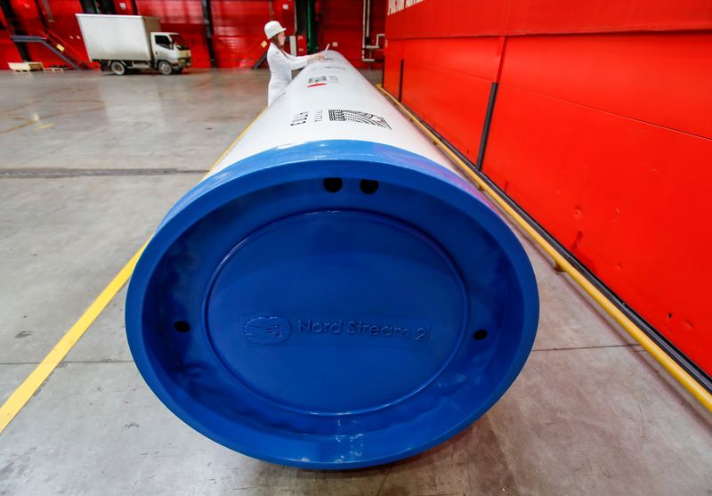 &copy; Reuters. FILE PHOTO: The logo of the Nord Stream 2 gas pipeline project is seen on a pipe cap at Chelyabinsk Pipe Rolling Plant owned by ChelPipe Group in Chelyabinsk, Russia February 26, 2020. REUTERS/Maxim Shemetov