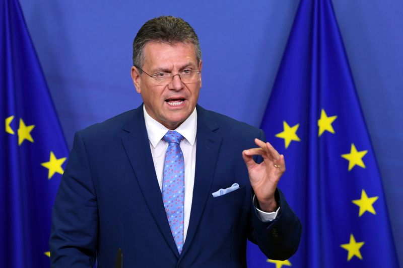 &copy; Reuters. FILE PHOTO: European Commission Vice-President Maros Sefcovic speaks to members of the media during a video conference after a bilateral meeting with Switzerland's Foreign Minister Ignazio Cassis at the European Union headquarters in Brussels, Belgium, No