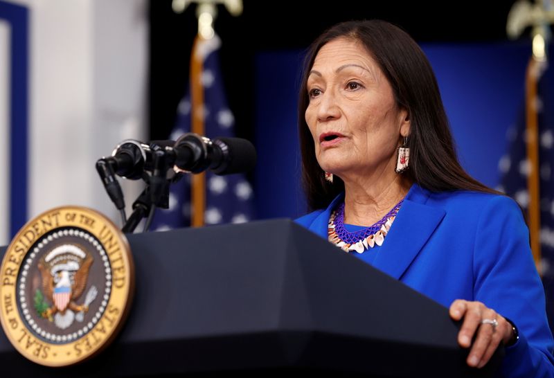 &copy; Reuters. FILE PHOTO: U.S. Interior Secretary Deb Haaland addresses the Tribal Nations Summit from an auditorium on the White House campus in Washington, D.C., U.S. November 15, 2021.  REUTERS/Jonathan Ernst/File Photo