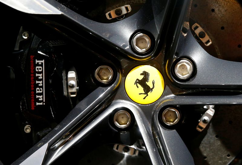 &copy; Reuters. FILE PHOTO: The company's logo is seen on a wheel hub of a Ferrari Roma sports car during a media preview at the Auto Zurich Car Show in Zurich, Switzerland November 3, 2021. REUTERS/Arnd Wiegmann