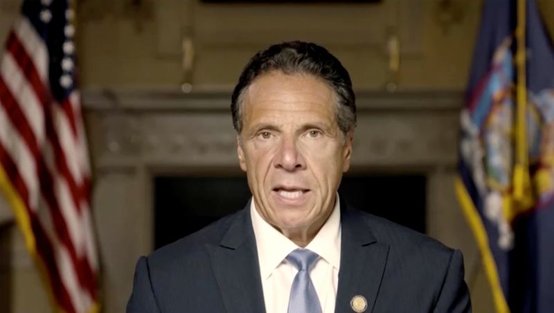 &copy; Reuters. FILE PHOTO: New York Governor Andrew Cuomo makes a statement in this screen grab taken from a pre-recorded video released by Office of the NY Governor, in New York, U.S., August 3, 2021.  Office of Governor Andrew M. Cuomo/Handout via REUTERS/File Photo