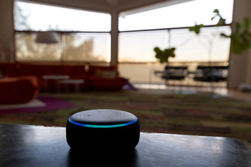 © Reuters. FILE PHOTO: Amazon's DOT Alexa device is shown inside a house in this picture illustration taken October 1, 2021. REUTERS/Mike Blake/Illustration/File Photo