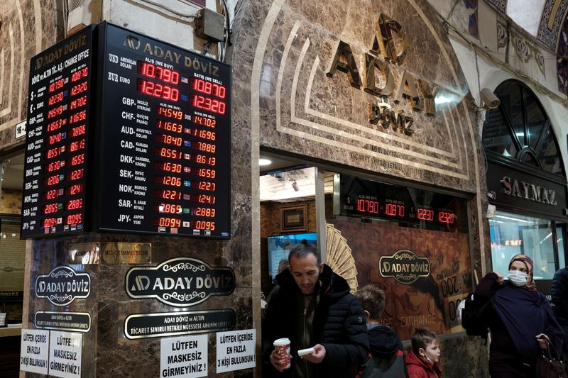 &copy; Reuters. FOTO DE ARCHIVO: Un tablero que muestra los tipos de cambio de moneda fuera de una oficina de cambio en el Gran Bazar en Estambul, Turquía 18 de noviembre de 2021. REUTERS/Murad Sezer/File Photo