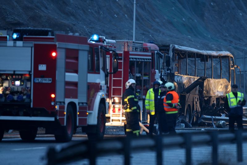 &copy; Reuters. A view shows the site where a bus with North Macedonian plates caught fire on a highway, near the village of Bosnek, Bulgaria, November 23, 2021. REUTERS/Stoyan Nenov