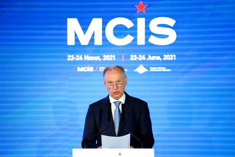 &copy; Reuters. FILE PHOTO: Russia's security council secretary Nikolai Patrushev delivers his speech at the IX Moscow conference on international security in Moscow, Russia June 24, 2021. Alexander Zemlianichenko/Pool via REUTERS