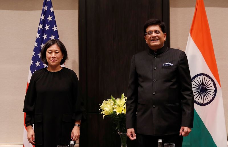 &copy; Reuters. U.S. Trade Representative Katherine Tai and India's Minister of Commerce and Industry, Piyush Goyal, poses for a picture before the start of their meeting in New Delhi, India, November 22, 2021. REUTERS/Adnan Abidi/Pool