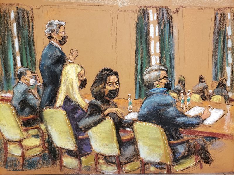© Reuters. FILE PHOTO: Ghislaine Maxwell sits with her lawyers Christian Everdell, Jeffrey Pagliuca, Bobbi Sternheim and Laura Menninger during jury selection in the trial of Maxwell, Jeffrey Epstein's associate accused of sex trafficking, in a courtroom sketch in New York City, U.S., November 16, 2021. REUTERS/Jane Rosenberg/File Photo