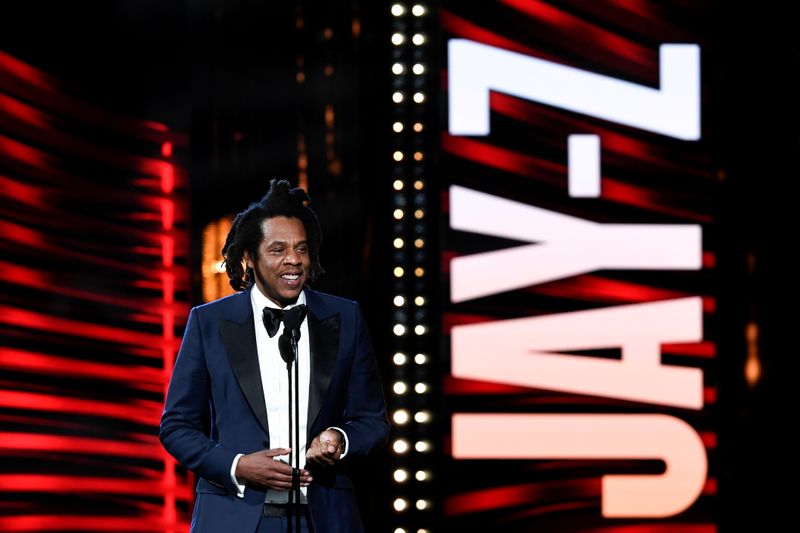 &copy; Reuters. FILE PHOTO: Jay-Z reacts as he is inducted into the Rock and Roll Hall of Fame in Cleveland, Ohio, U.S. October 30, 2021. REUTERS/Gaelen Morse