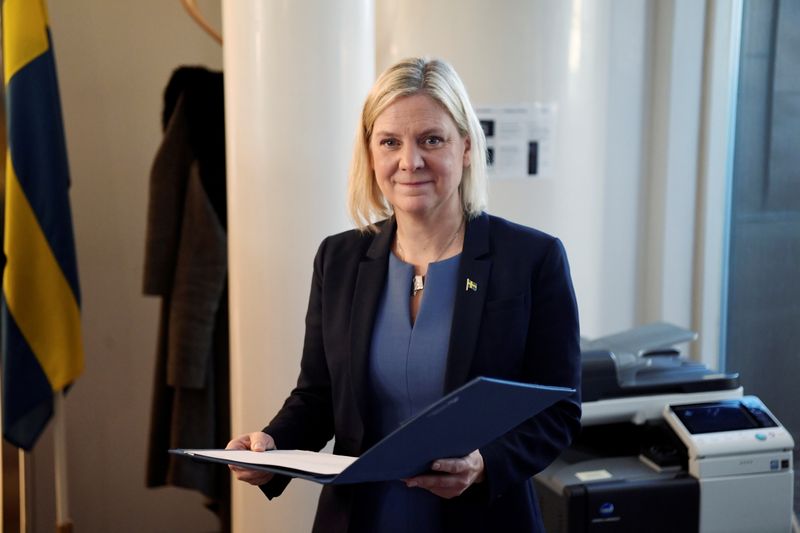 &copy; Reuters. Current Finance Minister and Social Democrat leader Magdalena Andersson attends a press conference after being appointed as the country's new Prime Minister following a voting at the Swedish Parliament Riksdagen in Stockholm, Sweden November 24, 2021. And