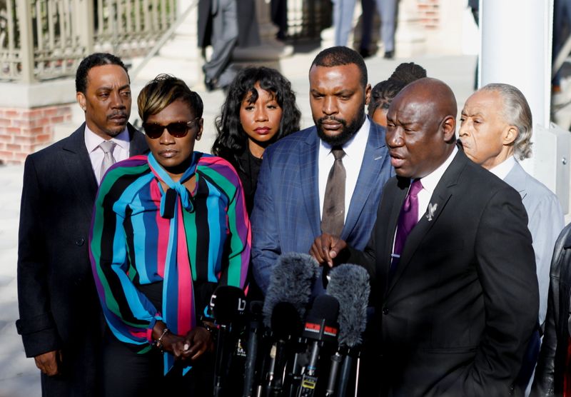 &copy; Reuters. Attorneys Ben Crump and Lee Merritt and Wanda Cooper-Jones, mother of Ahmaud Arbery, speak to the news media outside the Glynn County Courthouse on the second day of jury deliberations on whether Greg McMichael, his son Travis McMichael, and William "Rodd