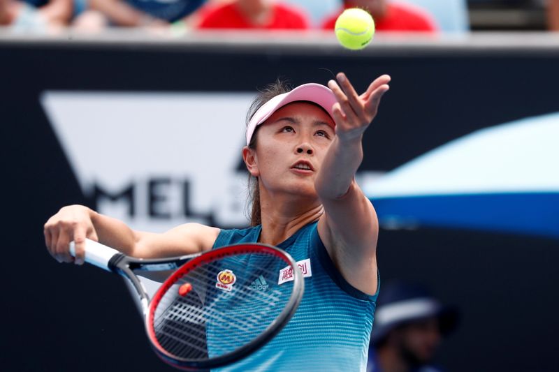 &copy; Reuters. FILE PHOTO: A file photo of China’s Peng Shuai serving during a match at the Australian Open on January 15, 2019. REUTERS/Edgar Su
