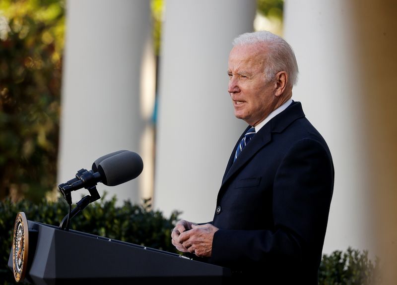 &copy; Reuters. FILE PHOTO: U.S. President Joe Biden speaks as he hosts the 74th National Thanksgiving Turkey Presentation in the Rose Garden at the White House in Washington, U.S., November 19, 2021. REUTERS/Jonathan Ernst