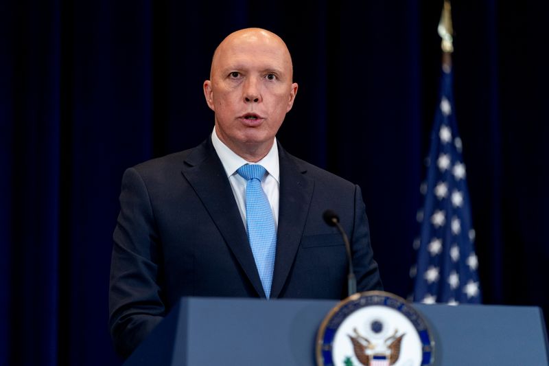 &copy; Reuters. FILE PHOTO: Australian Minister of Defense Peter Dutton speaks during a news conference with Australian Foreign Minister Marise Payne, U.S. Secretary of State Antony Blinken and U.S. Secretary of Defense Lloyd Austin (not pictured) at the State Department