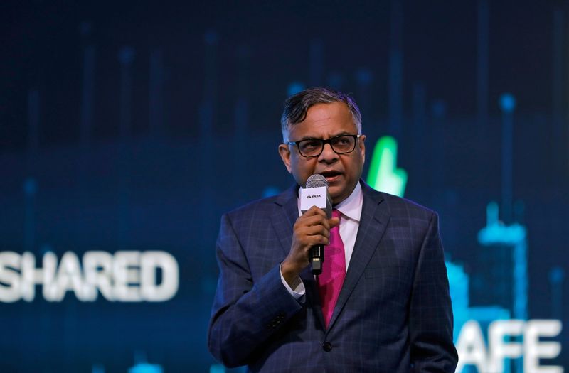 &copy; Reuters. FILE PHOTO: N Chandrasekaran, Chairman of Tata Sons, speaks at the unveiling of Tata Motors HBX compact SUV at the India Auto Expo 2020 in Greater Noida, India, February 5, 2020. REUTERS/Anushree Fadnavis/File Photo