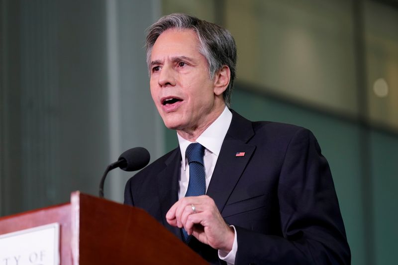 &copy; Reuters. FILE PHOTO: U.S. Secretary of State Antony Blinken speaks about infrastructure investment at the University of Maryland's A. James Clark School of Engineering in College Park, MD, U.S., August 9, 2021. Patrick Semansky/Pool via REUTERS/File Photo