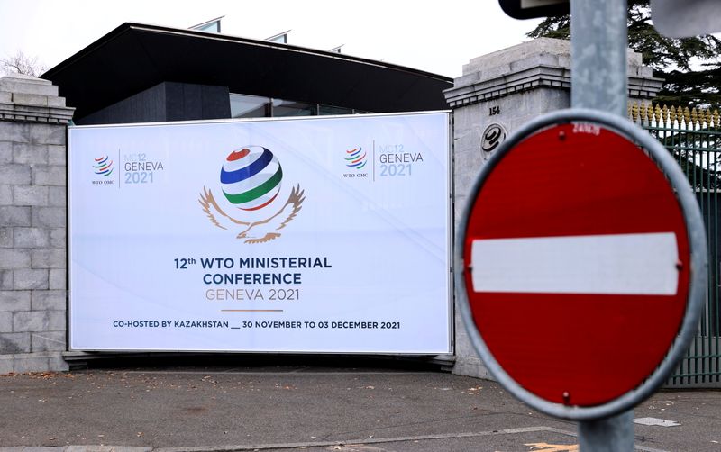 &copy; Reuters. FILE PHOTO: A sign of the 12th Ministerial Conference (MC12) is pictured at the World Trade Organization (WTO) headquarters in Geneva, Switzerland, November 25, 2021. Picture taken November 25, 2021. REUTERS/Denis Balibouse/File Photo