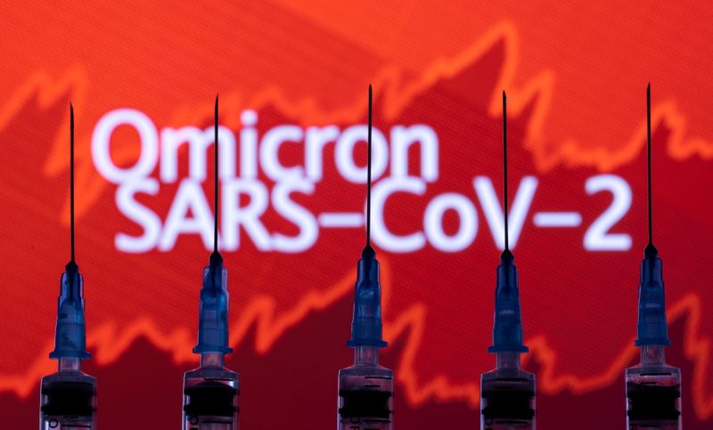 © Reuters. FILE PHOTO: Syringes with needles are seen in front of a displayed stock graph and words 