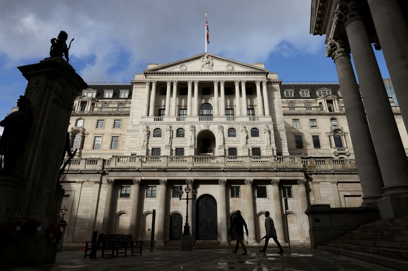 &copy; Reuters. FILE PHOTO: People walk past the Bank of England, in London, Britain October 31, 2021. REUTERS/Tom Nicholson