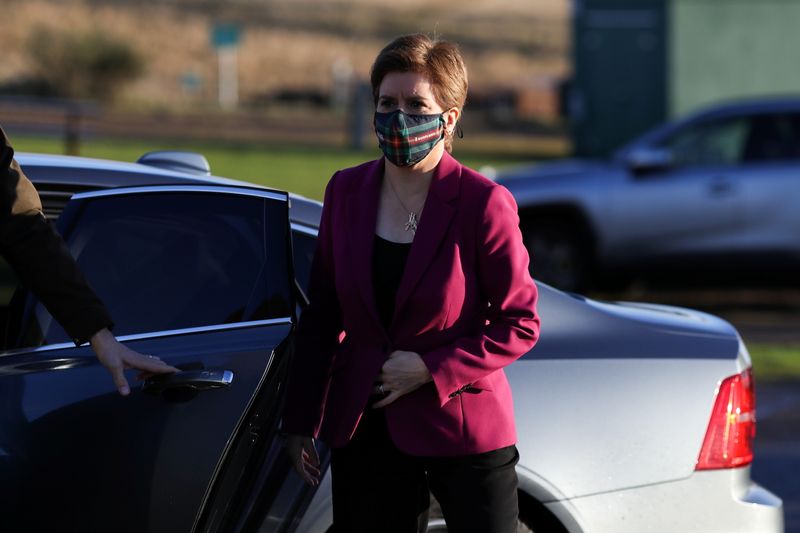&copy; Reuters. FILE PHOTO: Scotland's First Minister Nicola Sturgeon arrives at Whitelee Wind Farm ahead of the SNP's annual conference which launches today online, in Glasgow, Scotland, Britain November 26, 2021. REUTERS/Russell Cheyne/Pool