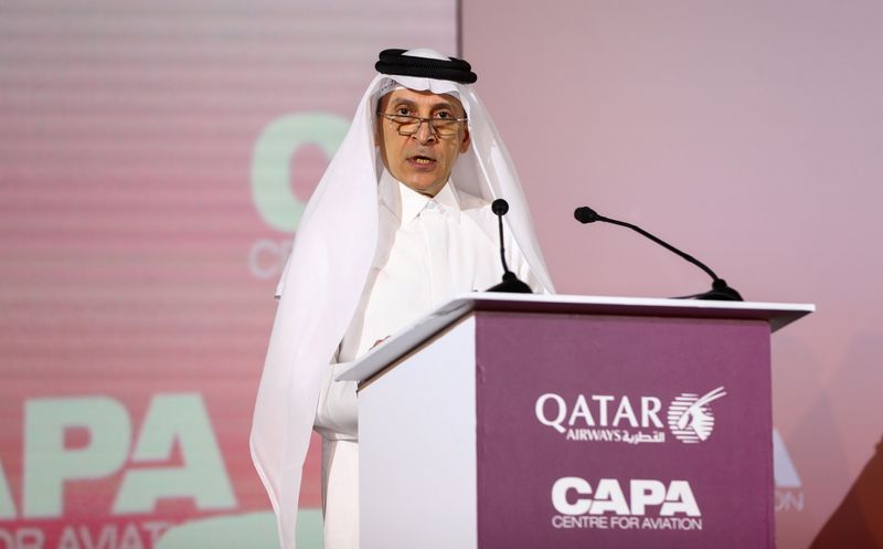 &copy; Reuters. FILE PHOTO: Qatar Airway's Chief Executive Officer, Akbar Al Baker speaks in a welcome speech at Qatar aviation conference, in Doha, Qatar February 5, 2020. REUTERS/Ibraheem al Omari