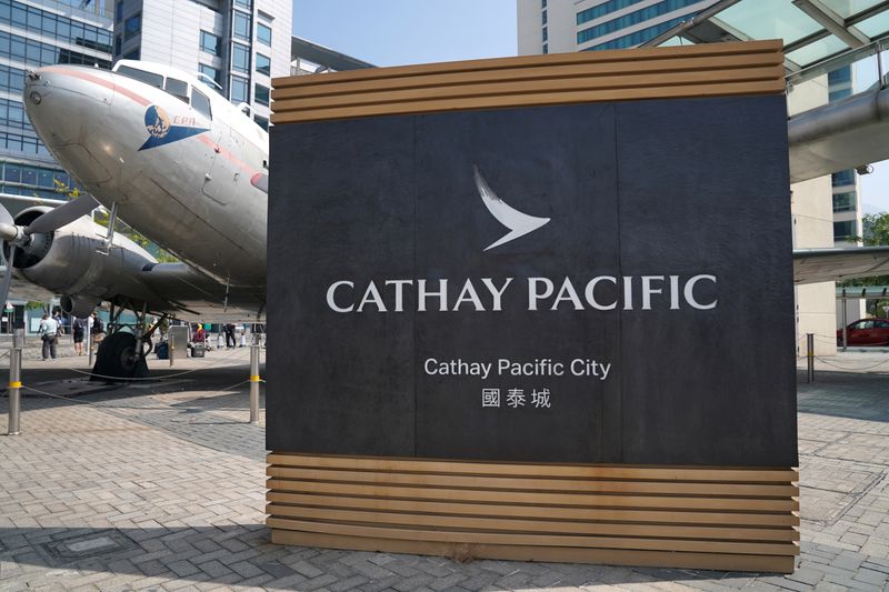 &copy; Reuters. FILE PHOTO: A sign of Cathay Pacific is seen at its  headquarters Cathay City in Hong Kong, China October 21, 2020. REUTERS/Lam Yik/File Photo