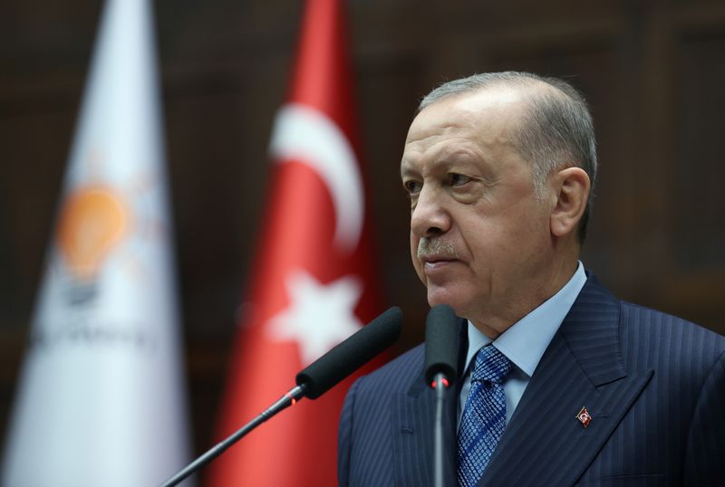 © Reuters. Turkish President Tayyip Erdogan addresses members of parliament from his ruling AK Party (AKP) during a meeting at the Turkish parliament in Ankara, Turkey, December 1, 2021. Murat Cetinmuhurdar/PPO/Handout via REUTERS