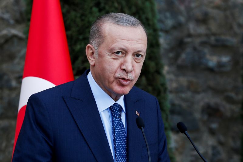 © Reuters. الرئيس التركي رجب طيب أردوغان يتحدث في مؤتمر صحفي اسطنبول بتركيا يوم 16 أكتوبر تشرين الأول 2021. تصوير: مراد سيزار - رويترز.