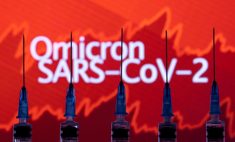 &copy; Reuters. Syringes with needles are seen in front of a displayed stock graph and words "Omicron SARS-CoV-2" in this illustration taken, November 27, 2021. REUTERS/Dado Ruvic/Illustration