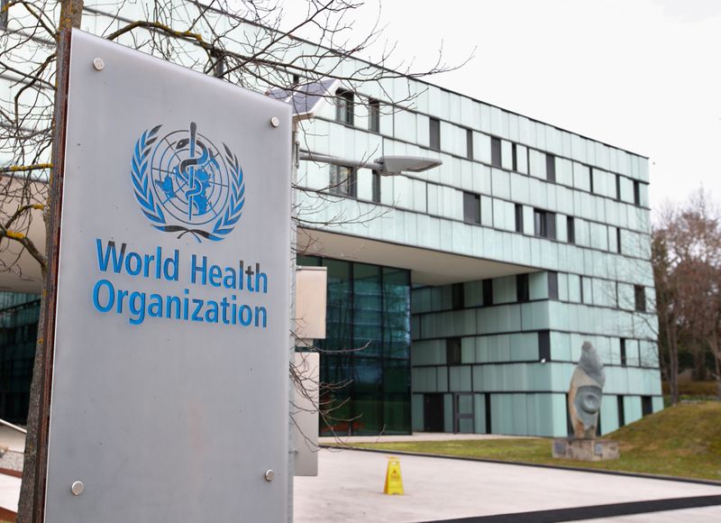 &copy; Reuters. FILE PHOTO: A logo is pictured outside a building of the  World Health Organization (WHO) during an executive board meeting on update on the coronavirus outbreak, in Geneva, Switzerland, February 6, 2020. REUTERS/Denis Balibouse