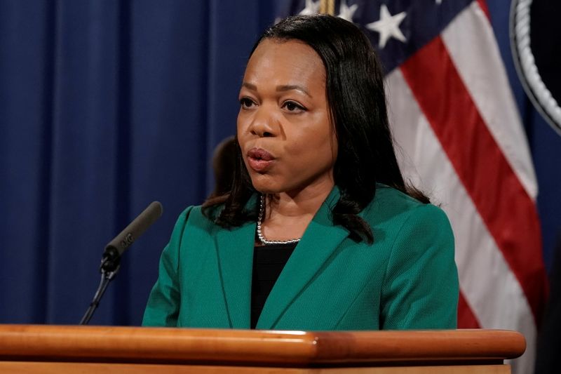 &copy; Reuters. FILE PHOTO: Assistant Attorney General for Civil Rights Kristen Clarke speaks during a news conference where U.S. Attorney General Merrick Garland (not pictured) announced that the Justice Department will file a lawsuit challenging a Georgia election law 