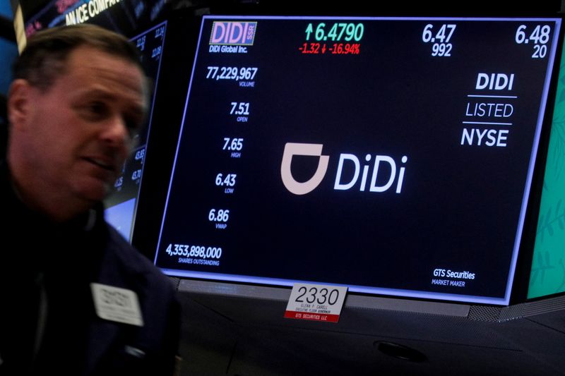 © Reuters. A screen displays trading information for ride-hailing giant Didi Global on the floor of the New York Stock Exchange (NYSE) in New York City, U.S., December 3, 2021.  REUTERS/Brendan McDermid
