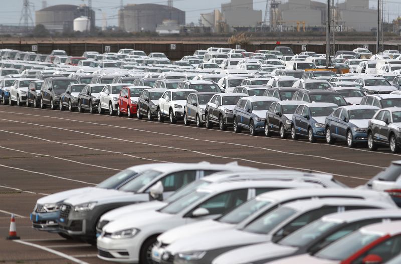 &copy; Reuters. FILE PHOTO: Imported cars are parked in a storage area at Sheerness port, Sheerness, Britain, October 24, 2017.  Picture taken October 24, 2017.  REUTERS/Peter Nicholls