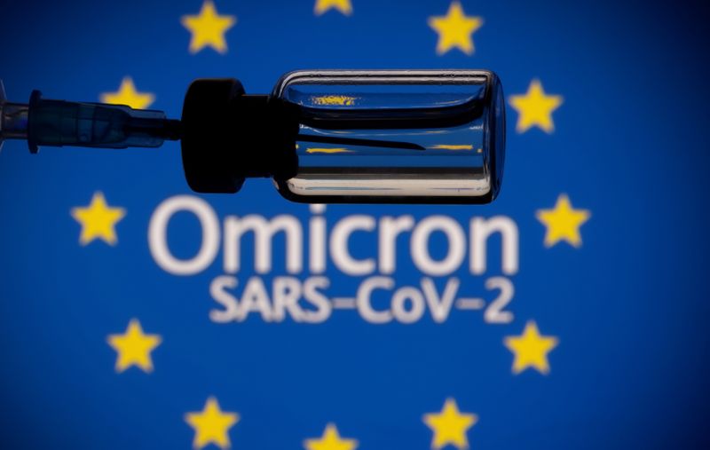 &copy; Reuters. FILE PHOTO: A vial and a syringe are seen in front of a displayed EU flag and words "Omicron SARS-CoV-2" in this illustration taken, November 27, 2021. REUTERS/Dado Ruvic/Illustration/File Photo