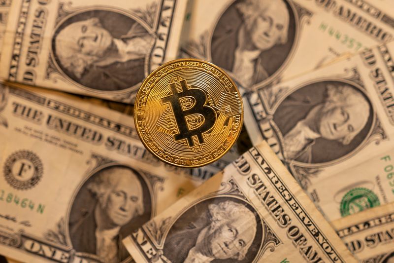 &copy; Reuters. A representation of virtual cryptocurrency Bitcoin is placed on U.S. Dollar banknotes in this illustration taken November 28, 2021. REUTERS/Dado Ruvic/Illustration