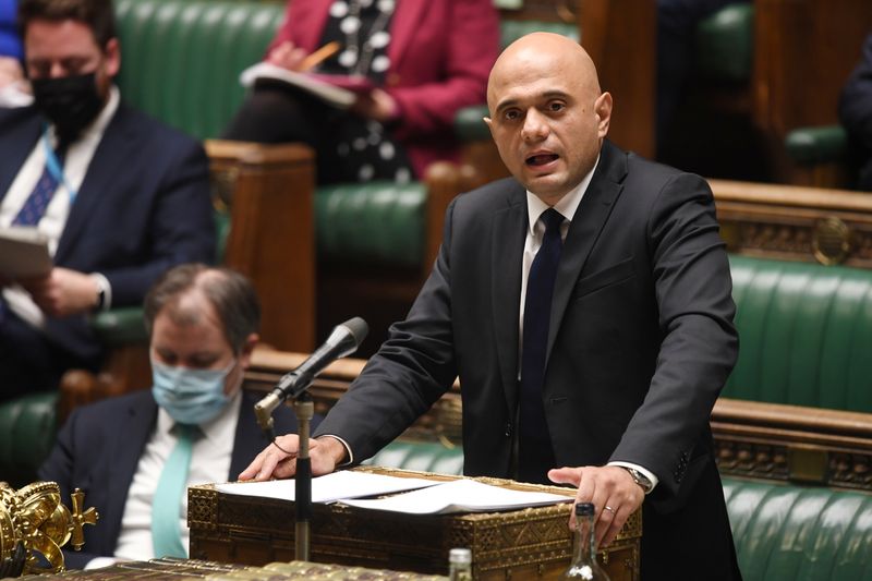 &copy; Reuters. FILE PHOTO: Britain's Health and Social Care Secretary Sajid Javid delivers COVID-19 situation update, at the House of Commons in London, Britain November 29, 2021. UK Parliament/Jessica Taylor/Handout via REUTERS 
