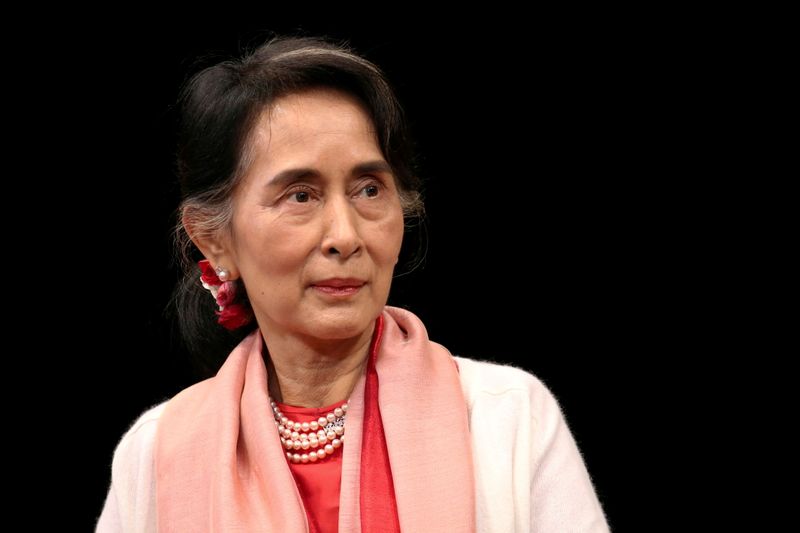 &copy; Reuters. FILE PHOTO: Myanmar's Minister of Foreign Affairs Aung San Suu Kyi speaks during an event at the Asia Society Policy Institute in New York City, U.S. September 21, 2016.  REUTERS/Bria Webb