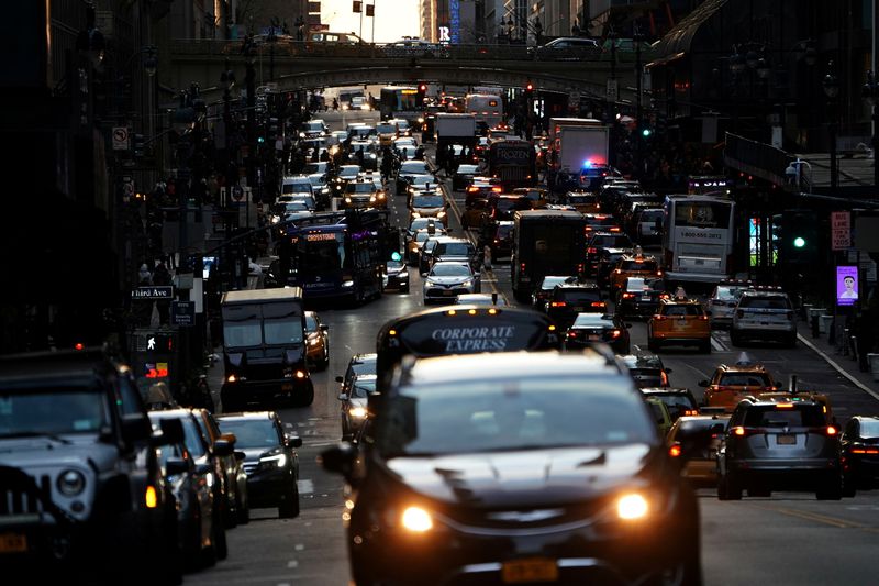 &copy; Reuters. FILE PHOTO: Traffic is pictured at twilight along 42nd St. in the Manhattan borough of New York, U.S., March 27, 2019.   REUTERS/Carlo Allegri/File Photo