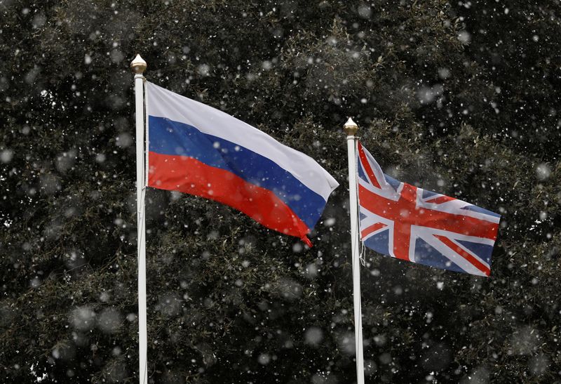 &copy; Reuters. FILE PHOTO: Soccer Football - Premier League - AFC Bournemouth vs West Bromwich Albion - Vitality Stadium, Bournemouth, Britain - March 17, 2018   General view of the Russia and Great Britain flags outside the stadium before the match   REUTERS/Peter Nich