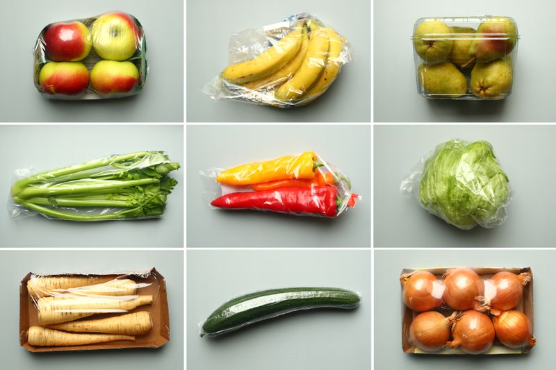 &copy; Reuters. FILE PHOTO: A combination of illustrations shows apples, bananas, pears, celery, peppers, a head of lettuce, parsnips, a cucumber and onions, wrapped in plastic as bought in a supermarket, taken November 20, 2018. REUTERS/Lisi Niesner/Illustration