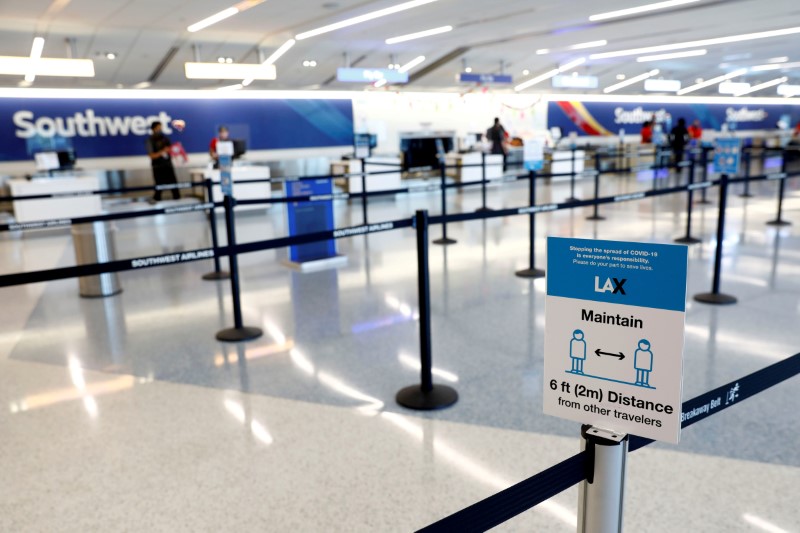 &copy; Reuters. FILE PHOTO: Social distancing sign is displayed at a check-in area for Southwest Airlines Co. at Los Angeles International Airport (LAX) on an unusually empty Memorial Day weekend during the outbreak of the coronavirus disease (COVID-19) in Los Angeles, C