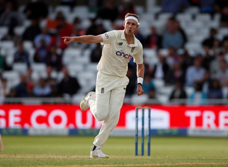 &copy; Reuters. FILE PHOTO: Cricket - First Test - England v India - Trent Bridge, Nottingham, Britain - August 7, 2021 England's Stuart Broad celebrates taking the wicket of India's KL Rahul  Action Images via Reuters/Paul Childs