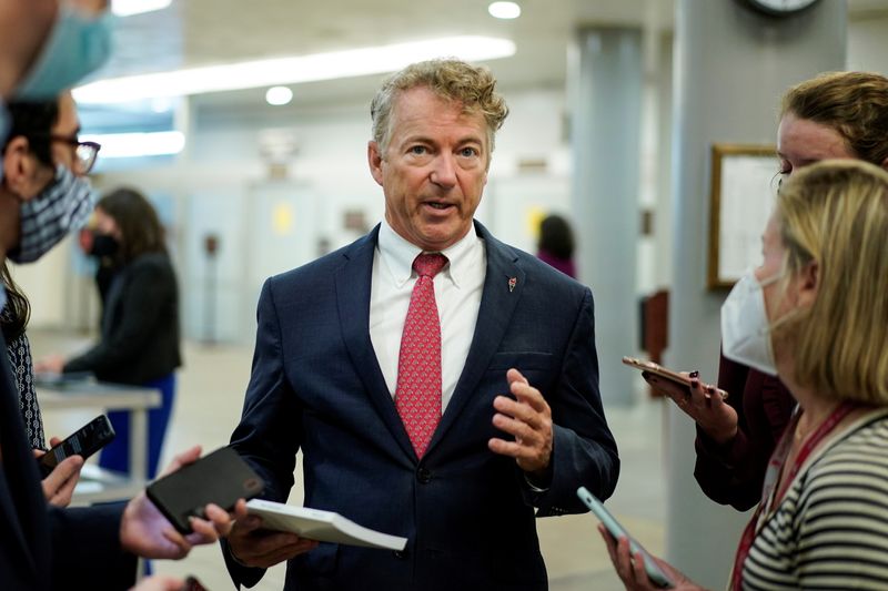 &copy; Reuters. Senator Rand Paul (R-KY) speaks to reporters after a vote on as Senators moved toward trying to pass a stop-gap increase in the Treasury Department's $28.4 trillion borrowing authority on Capitol Hill in Washington October 7, 2021.  REUTERS/Joshua Roberts