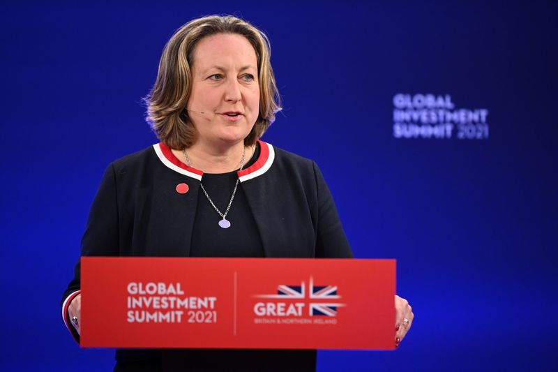 &copy; Reuters. FILE PHOTO: Britain's International Trade Secretary Anne-Marie Trevelyan speaks during the Global Investment Summit at the Science Museum, in London, Britain, October 19, 2021. Leon Neal/Pool via REUTERS