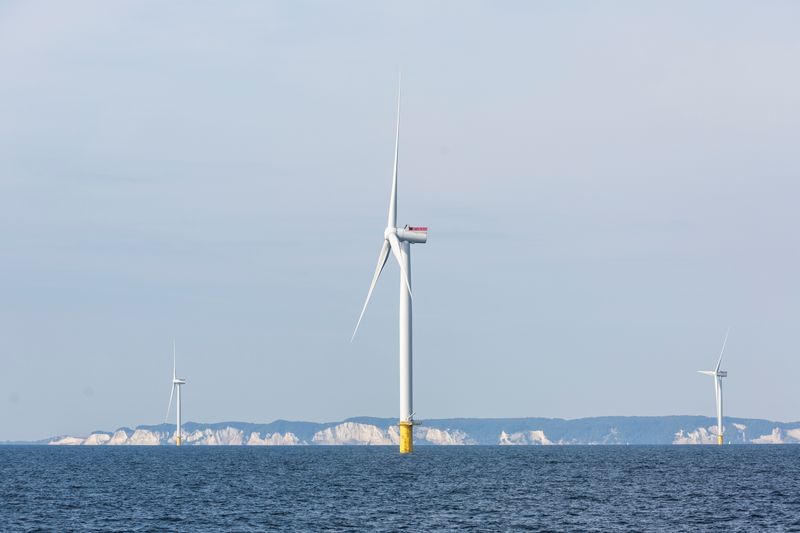 &copy; Reuters. FILE PHOTO: Power-generating windmill turbines are seen at an offshore wind farm, Kriegers Flak, in the Baltic Sea between Denmark, Sweden and Germany, September 6, 2021. Ritzau Scanpix/Olafur Steinar Gestsson/via REUTERS    