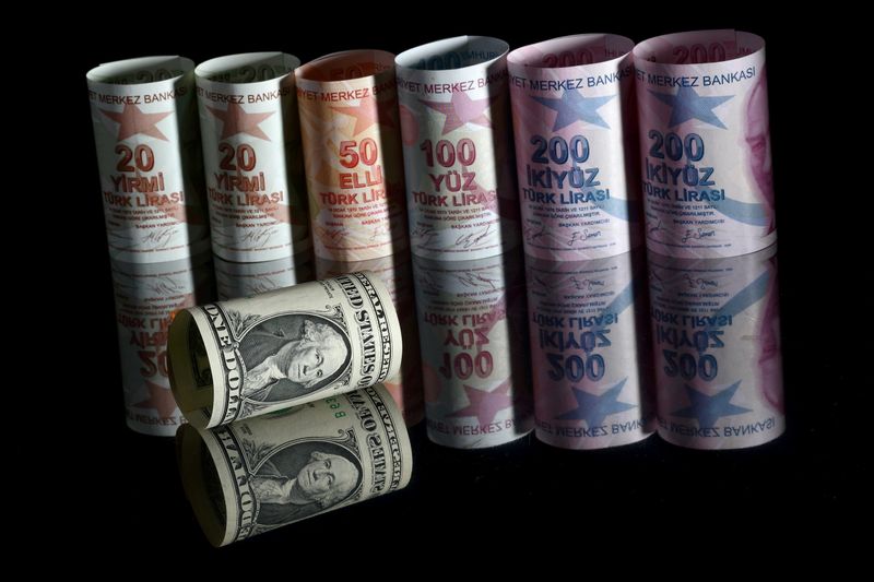 &copy; Reuters. Uma nota de um dólar dos EUA é vista ao lado de notas de lira turca nesta ilustração feita em Istambul, Turquia, em 23 de novembro de 2021. REUTERS/Murad Sezer