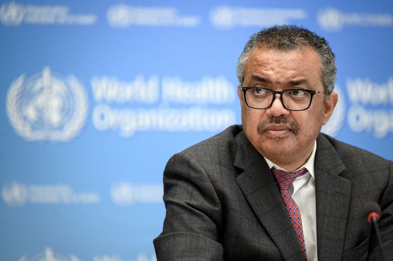 &copy; Reuters. FILE PHOTO: World Health Organization chief Tedros Adhanom Ghebreyesus attends a ceremony to launch a multiyear partnership with Qatar on making FIFA Football World Cup 2022 and mega sporting events healthy and safe at the WHO headquarters, in Geneva, Swi