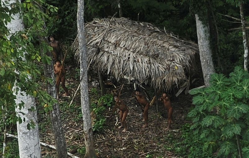 &copy; Reuters. Imagen de archivo de indígenas que son considerados no contactados por antropólogos reaccionando al paso de un avión sobre su comunidad en la selva amazónica cerca del río Xinane en el estado brasileño de Acre, cerca de la frontera con Perú. 28 de 
