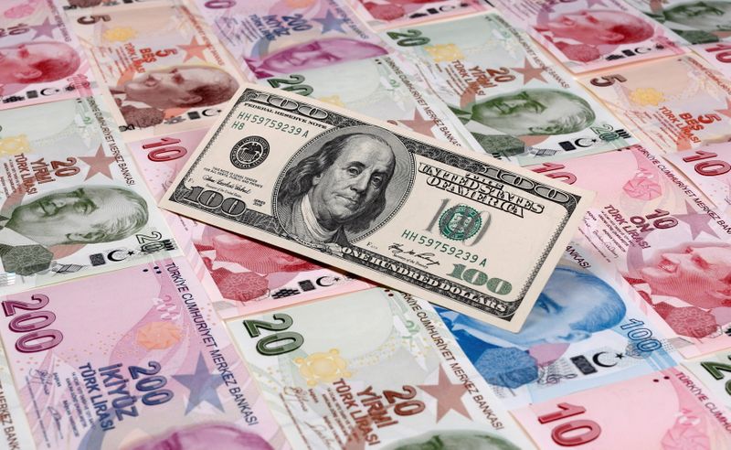 &copy; Reuters. FILE PHOTO: A photo illustration taken in Istanbul shows a U.S. 100 dollar banknote against Turkish lira banknotes of various denominations January 7, 2014. REUTERS/Murad Sezer/File Photo