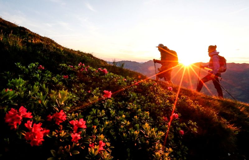 &copy; Reuters. FILE PHOTO: A couple hikes during sunrise on Kreuzjoch mountain in the Zillertal Alps in Schwendau, Austria July 11, 2016.  REUTERS/ Dominic Ebenbichler